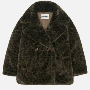 APPARIS Womens Size Small Amelia Faux Fur Oversized Coat Green Leopard